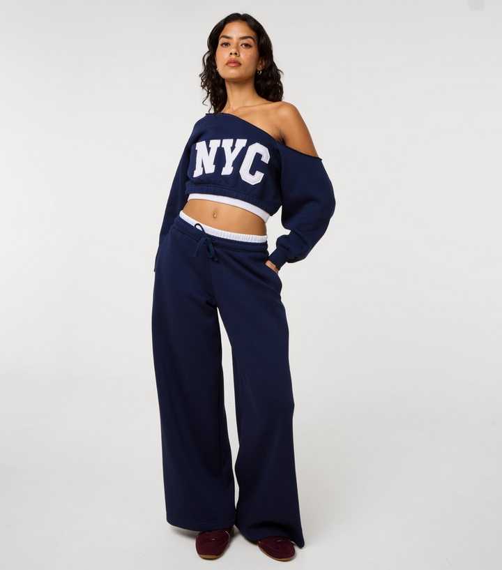 Pink Vanilla Navy Contrast Waistband Wide Leg Joggers