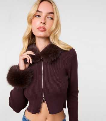 Pink Vanilla Dark Brown Faux Fur Trim Zip Front Cardigan
