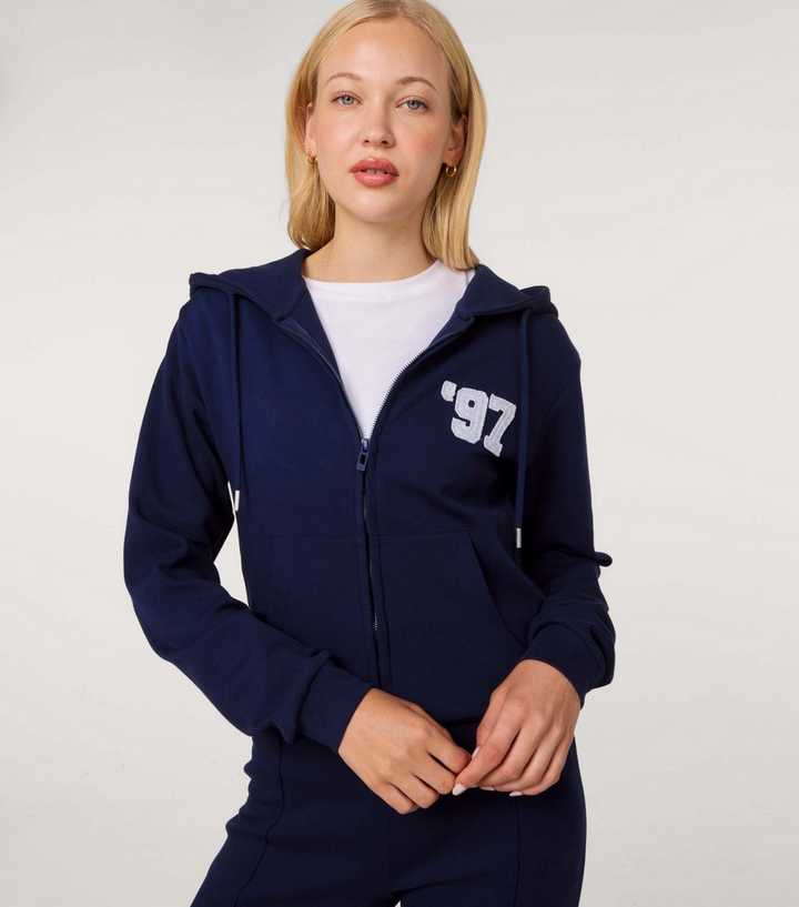 Pink Vanilla Navy 1997 Embroidered Zip Crop Hoodie