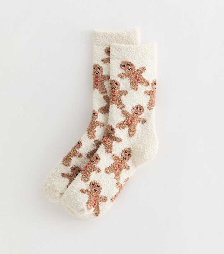 Cream Fuzzy Knit Christmas Gingerbread Man Patterned Ankle Socks