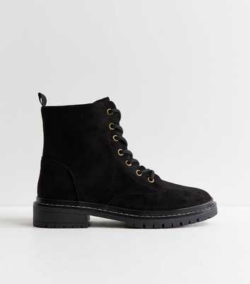 Black Faux Suede Stitch Trim Faux Lace Up Ankle Boots