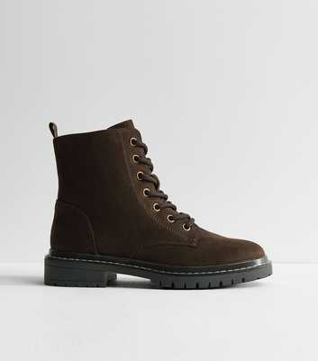 Dark Brown Faux Suede Stitch Trim Faux Lace Up Ankle Boots
