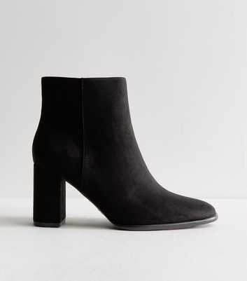 Black Faux Suede Almond Toe Block Heel Ankle Boots