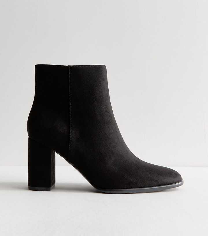 Black Faux Suede Almond Toe Block Heel Ankle Boots