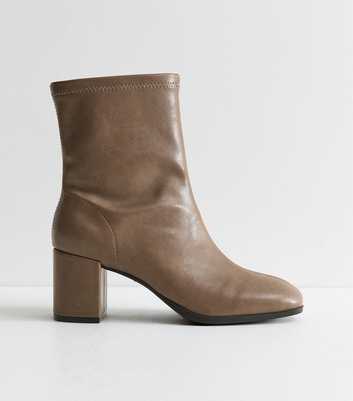 Light Brown Faux Leather Sock Block Heel Ankle Boots