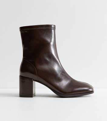 Dark Brown Faux Leather Sock Block Heel Ankle Boots