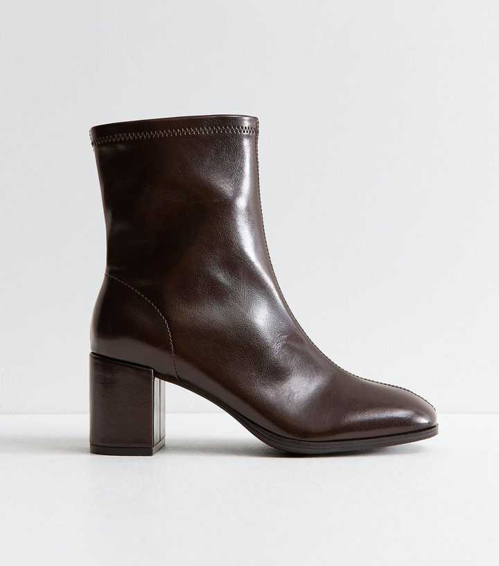 Dark Brown Faux Leather Sock Block Heel Ankle Boots