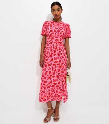 Pink Crepe Floral Short Sleeve Midi Dress