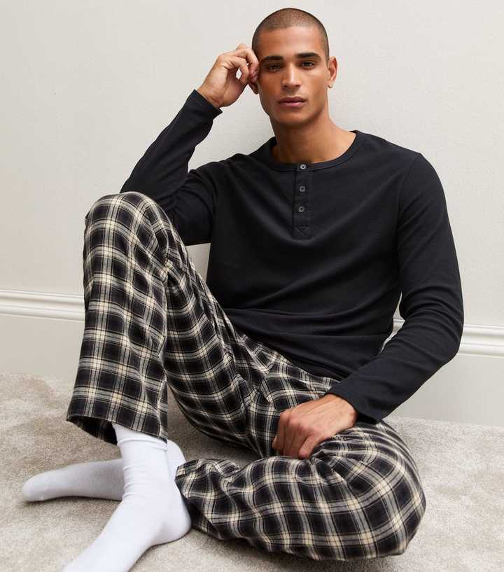 Black Cotton Checked Flannel Pyjama Bottoms