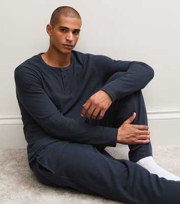 Navy Cotton Rich Waffle Henley Long Sleeve Top And Bottoms Pyjama Set