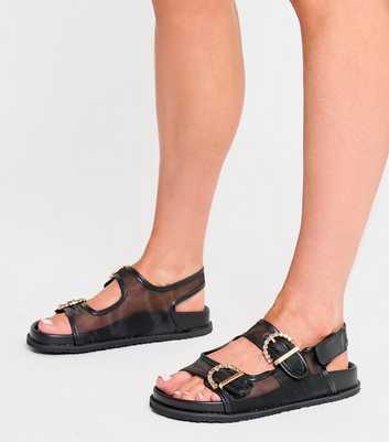 Public Desire Black Fuda Mesh Damante Buckled Strap Sandals