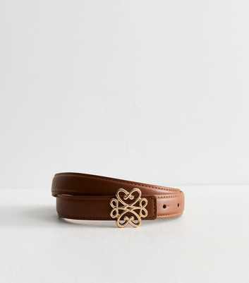 Tan Faux Leather Square Heart Buckle Belt