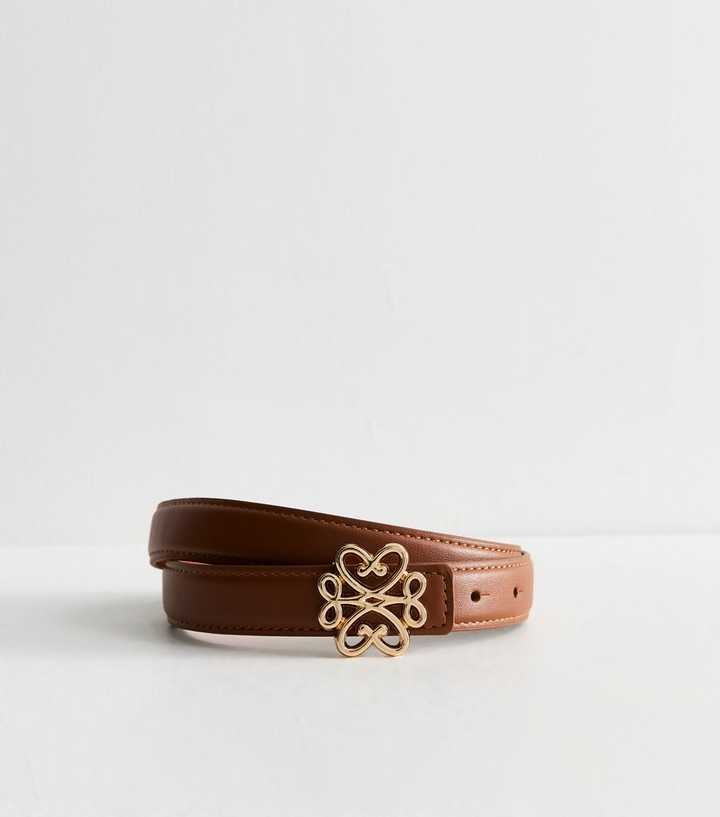 Tan Faux Leather Square Heart Buckle Belt