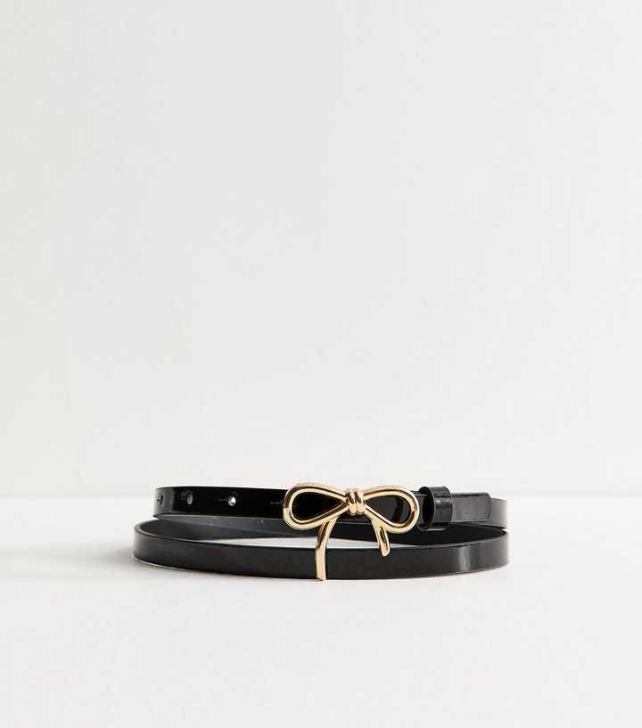 Black Faux Leather Bow Buckle Skinny Belt
