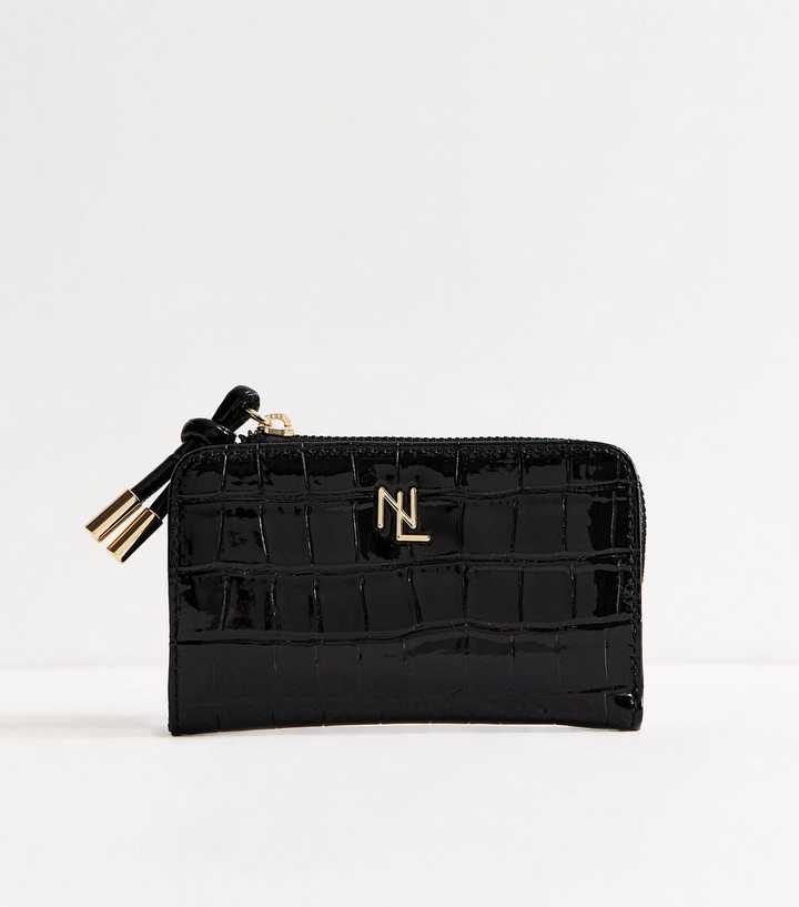 Black Faux Leather Oversized Crocodile Embossed Logo Plaque Cardholder