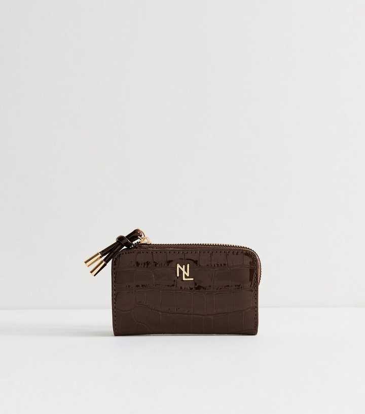 Dark Brown Faux Leather Croc Embossed Logo Cardholder