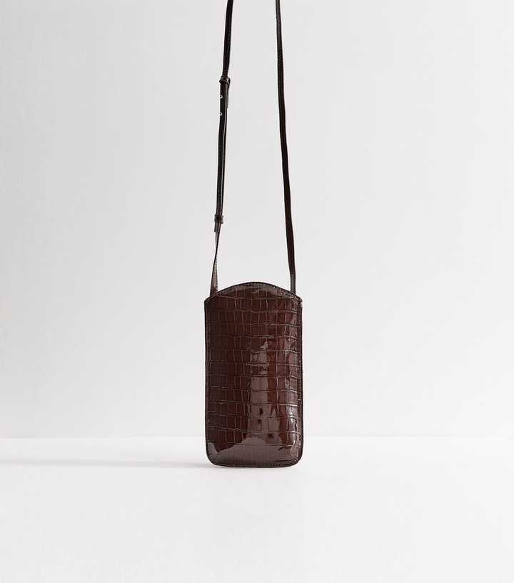Dark Brown Faux Leather Crocodile Embossed Phone Bag