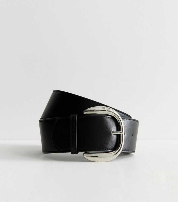 Black Faux Leather Curved Buckle Waist Belt