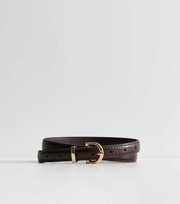 Dark Brown Faux Leather Croc Embossed Skinny Belt