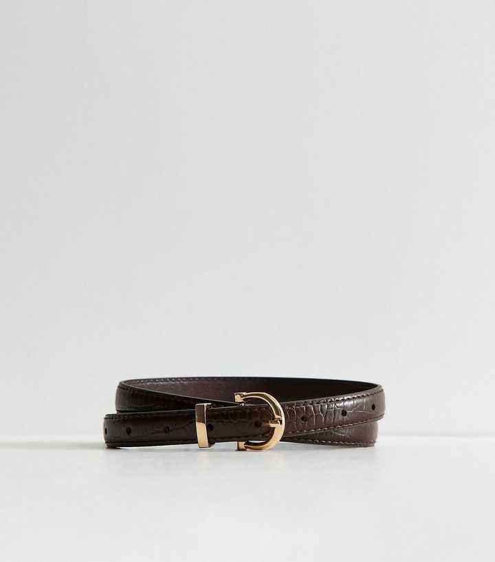 Dark Brown Faux Leather Croc Embossed Skinny Belt