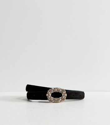 Black Faux Suede Oval Diamanté Buckle Belt