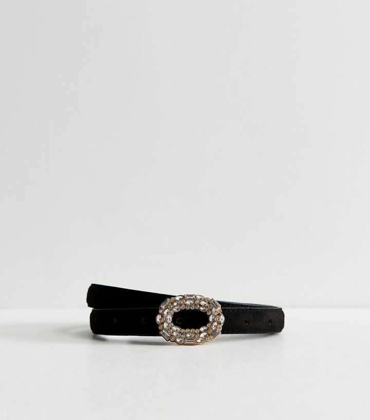 Black Faux Suede Oval Diamanté Buckle Belt
