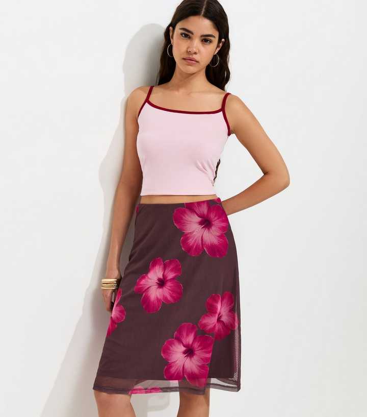Pink Hibiscus Print Mesh Midi Skirt