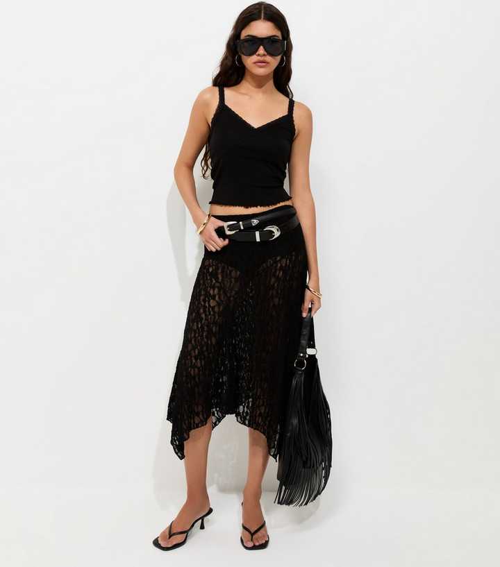Black Sheer Lace Hanky Hem Midi Skirt