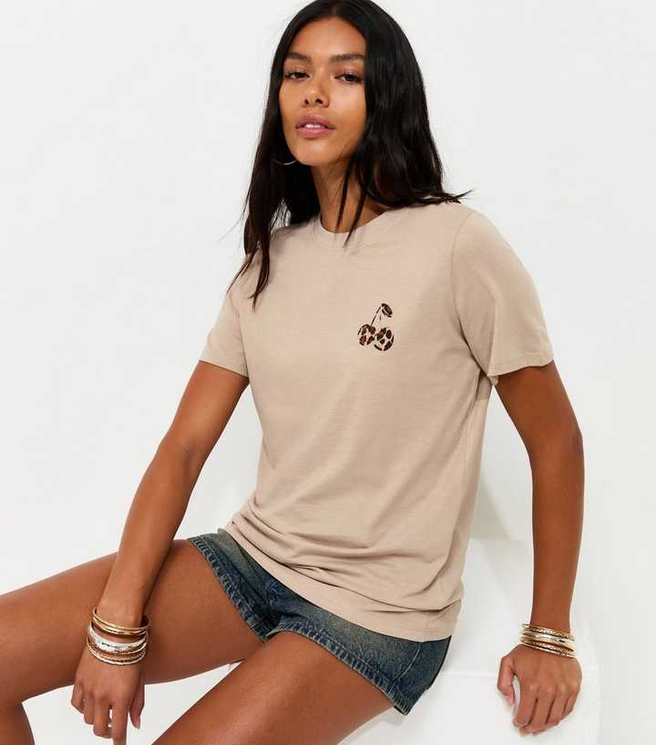 Mink Cotton Leopard Cherry Print Relaxed Fit T-Shirt