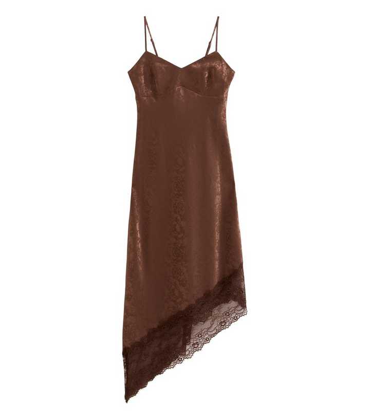 Dark Brown Floral Jacquard Satin Asymmetric Lace Midi Dress