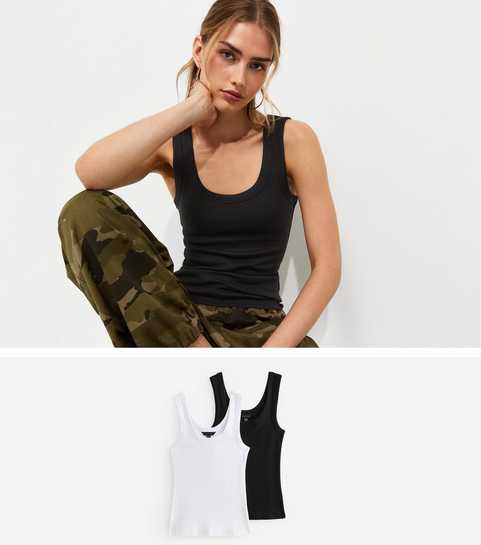 Pack of 2 Black and White Ribbed Scoop Neck Tank Tops
