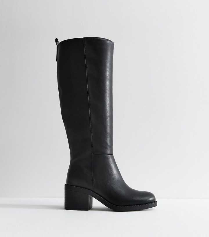 Black Faux Leather Heeled Knee High Boots