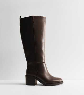 Dark Brown Faux Leather Stacked Heel Tall Boots