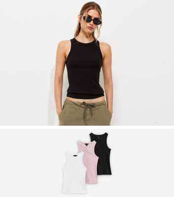 Pack of 3 Black, White and Pink Cotton Rich Racer Vest Tops