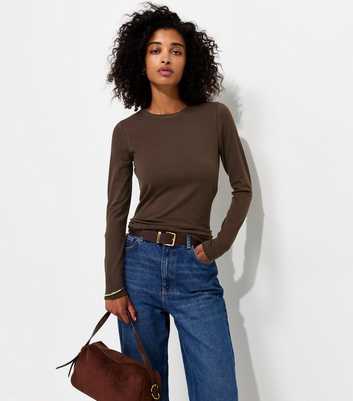Dark Brown Cotton Rich Crew Neck Long Sleeve T-Shirt