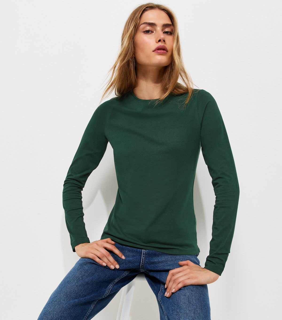Women's Dark Green Cotton Rich Crew Neck Long Sleeve T-Shirt New Look