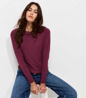 Dark Burgundy Cotton Rich Crew Neck Long Sleeve T-Shirt