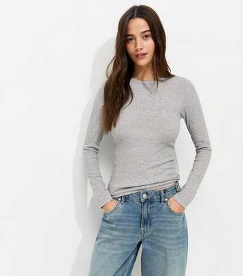 Grey Marl Cotton Rich Ribbed Crew Neck Long Sleeve Top