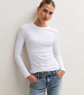 White Cotton Rich Ribbed Crew Neck Long Sleeve Top