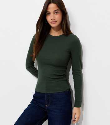 Dark Green Cotton Rich Ribbed Crew Neck Long Sleeve Top