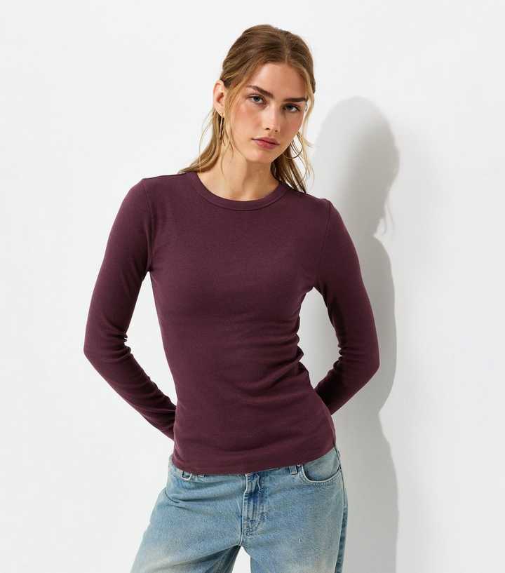 Dark Burgundy Cotton Rich Ribbed Crew Neck Long Sleeve Top