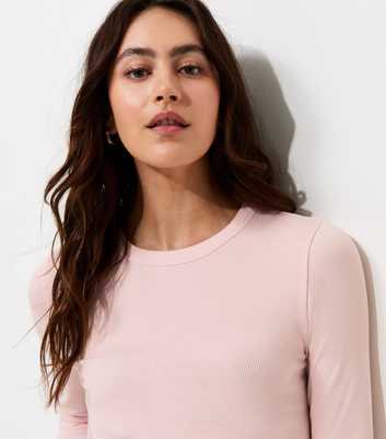 Light Pink Cotton Rich Ribbed Crew Neck Long Sleeve Top