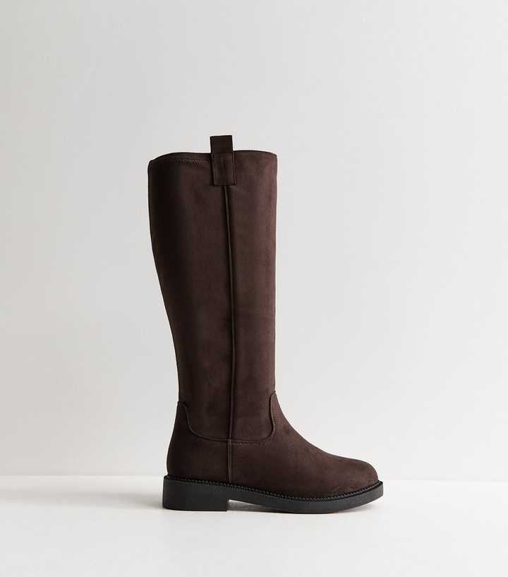 Wide Fit Dark Brown Faux Suede Knee High Riding Boots