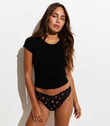 Black Floral Patterned Mesh Lace Brazilian Briefs