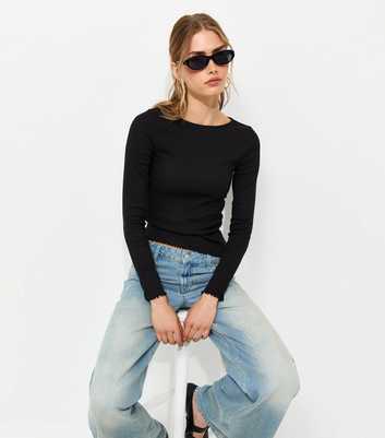 Black Cotton Rich Babylock Slash Neck Long Sleeve Top