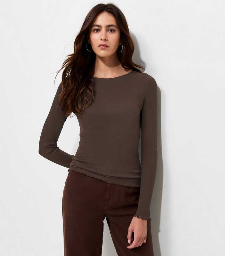 Dark Brown Cotton Rich Babylock Slash Neck Long Sleeve Top