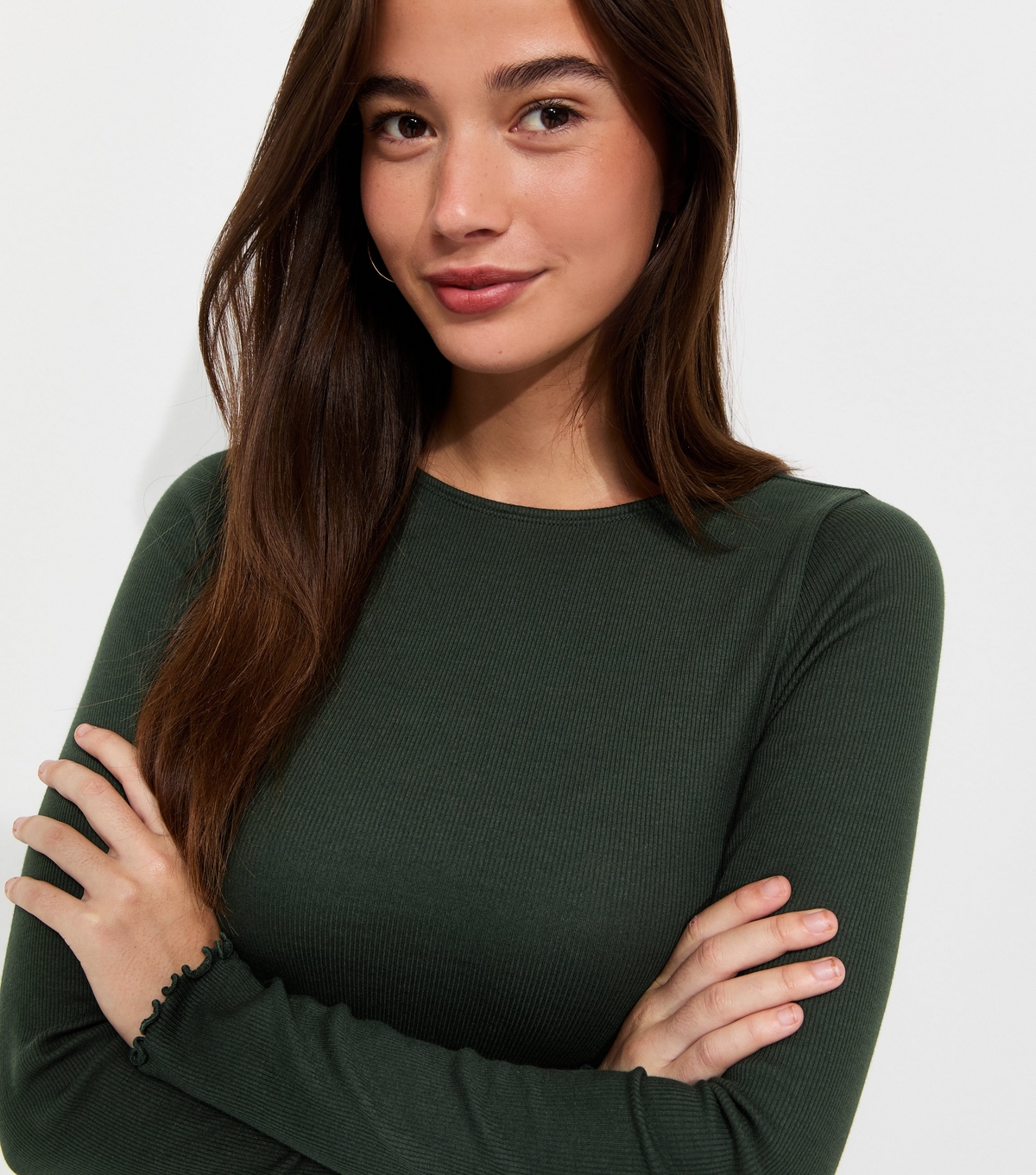 Women's Dark Green Cotton Rich Babylock Slash Neck Long Sleeve Top New Look