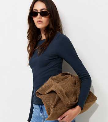 Navy Cotton Rich Babylock Slash Neck Long Sleeve Top