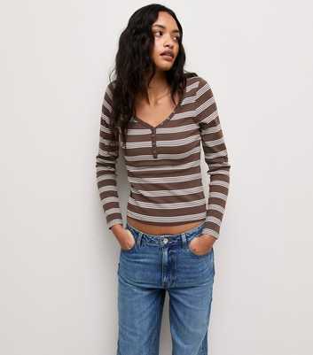 Brown Cotton Rich Striped Long Sleeve Henley Top