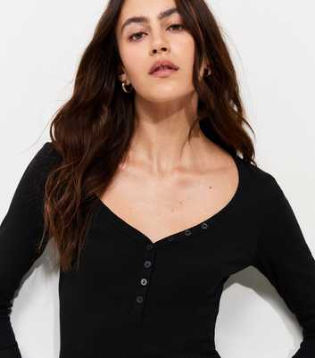 Black Cotton Rich Long Sleeve Henley Top